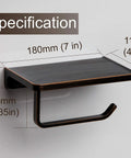Oil Rubbed Bronze Wall Mount Toilet Paper Holder With Shelf And Phone Slot, dimensions shown, for bathroom and kitchen use