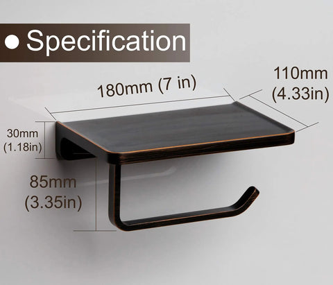 Oil Rubbed Bronze Wall Mount Toilet Paper Holder With Shelf And Phone Slot, dimensions shown, for bathroom and kitchen use