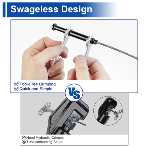 10 Pack Swageless Invisible Cable Railing Kit for Deck and Stair Railings in Black Finish, Includes T316 Stainless Steel Fittings for 2x2 Wood or Metal Posts, No Fuss Easy Install with Patent Pending Design showing tool-free crimping.