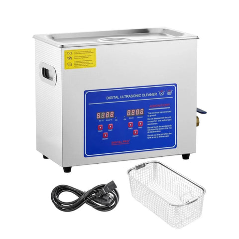 Heavy Duty Ultrasonic Cleaner With Digital Timer And Spacious Tank For Jewelry And Garden Gear Deep Knocks Out Daily Grime And Grease No Sweat Cleanup Always Runs Totally Slick, featuring stainless steel and digital controls.