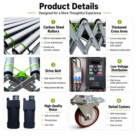 Wide Expandable Powered Conveyor Roller Unload Warehouse Goods 110v Heavy Duty Galvanized Steel Frame detailed components overview.