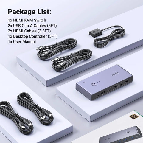 HDMI KVM Switch For One Monitor And Two Computers, 8K60Hz Ready, Aluminum Chassis, Shares Four USB 3.0 Ports For Keyboard, Mouse, Drives And Printer, Easy Seamless Switching, package contents with cables and controller