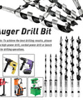 Eight Piece Wood Auger Drill Bit Set For Wood Plastic Drywall And Composite Materials Sizes 1/8 To 1/2 Inch With 1/4 Inch Hex Shank Made From 1045 Carbon Steel For Tough Wood Projects displayed with various power drills