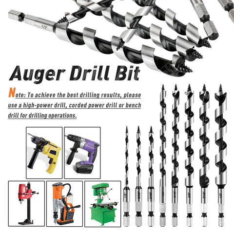 Eight Piece Wood Auger Drill Bit Set For Wood Plastic Drywall And Composite Materials Sizes 1/8 To 1/2 Inch With 1/4 Inch Hex Shank Made From 1045 Carbon Steel For Tough Wood Projects displayed with various power drills