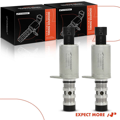 2 Pc Intake And Exhaust Engine VVT Solenoid Kit For Chevy Cruze Sonic Trax Aveo Aveo5 Pontiac G3 Saturn Astra Direct Fit Replacement With Easy Install And Beef Up Performance, showing packaging and solenoids