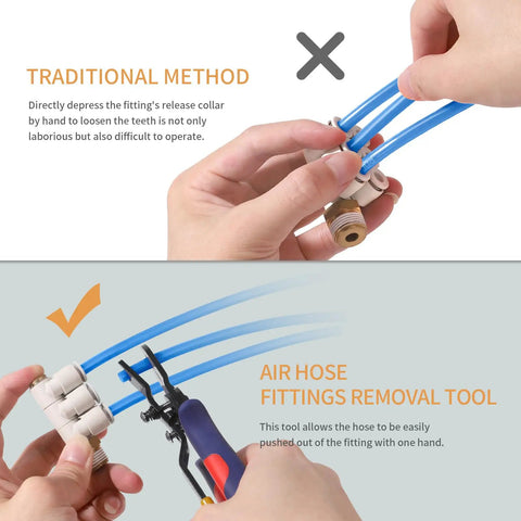 Cool Get This 11 Piece Air Line Removal Tool Kit With Quick Connect Release Wrench For 1/4 And 5/16 Inch Fittings Plus Ten Male Npt Push Fittings That Totally Make DIY Piping A Breeze Without Breaking The Bank Or Your Back. air hose fitting removal tool with 1/4 and 5/16 inch fittings