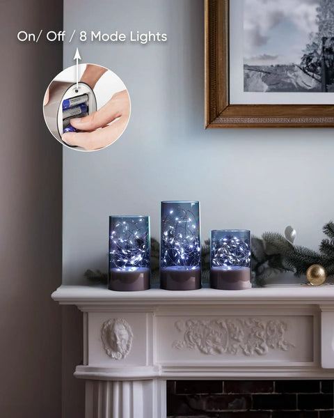 Set Of 3 Flameless Candles In Gray Glass Cylinders With Remote For A Cozy Vibe, Battery Operated LED Candles On Mantel