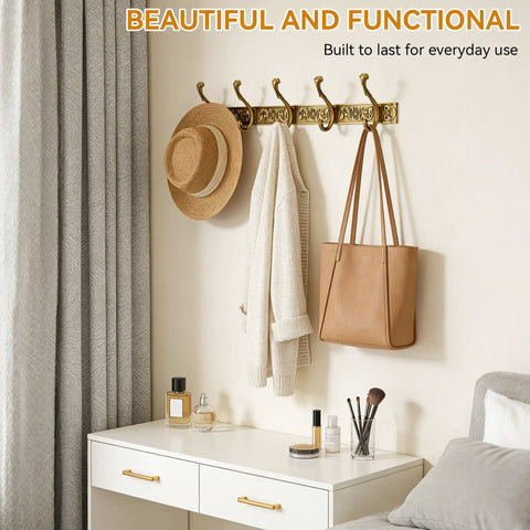 Space Saving Wall Mount Coat Rack With 5 Hooks And Key Holder, vintage aluminum rack in hallway with coat and accessories
