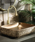 Top Shelf Ceramic Bathroom Vessel Sink Bowl With Exquisite Hand Carved Patterns For Above Countertop Vanity Setup with smooth bronze finish.