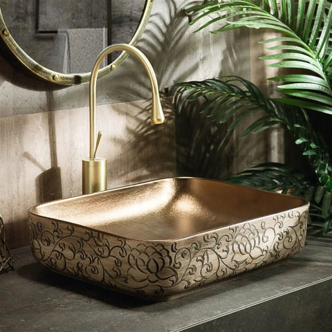 Top Shelf Ceramic Bathroom Vessel Sink Bowl With Exquisite Hand Carved Patterns For Above Countertop Vanity Setup with smooth bronze finish.