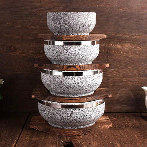 Stacked Stone Casserole Bowl With Wood Base For Bibimbap And Korean Stews, 6 Inch Diameter, Earthenware Pot, Stone Color