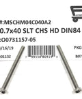 Premium A2 Stainless Steel M4 X 40 Metric Slotted Cheese Head Machine Screws on packaging, showing part details and count.