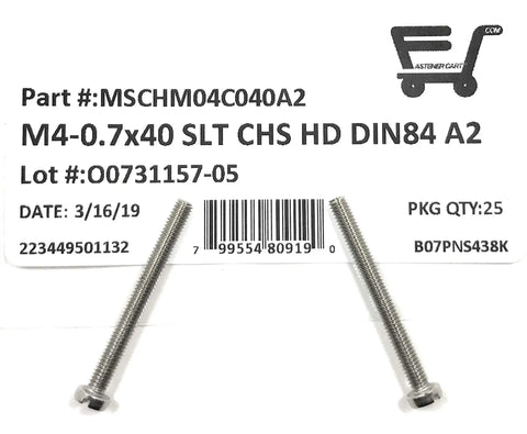 Premium A2 Stainless Steel M4 X 40 Metric Slotted Cheese Head Machine Screws on packaging, showing part details and count.