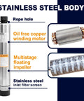 WASSERMANN 4-inch stainless steel bottom-suction submersible pump with 33 ft cable for septic tanks.