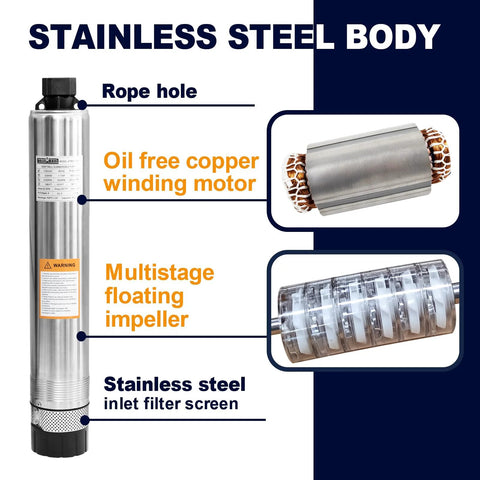WASSERMANN 4-inch stainless steel bottom-suction submersible pump with 33 ft cable for septic tanks.