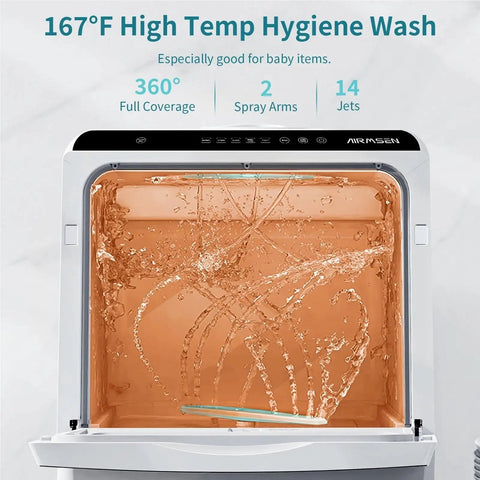 Compact Portable Dishwasher Featuring Six Wash Cycles Plus Quick Auto Dry For Effortless Cleanup In Tight Apartments RV Vans And Tiny Kitchens showing high temp wash with water jets and spray arms.