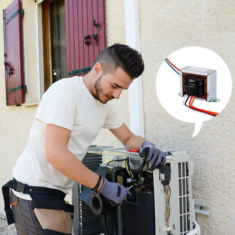 Technician installing a 24V 50VA Control Transformer For HVAC Furnaces With Isolation Multi Tap Primary 120V 208V 240V And 24V Secondary