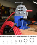 Tubing Straightener For 3/16 To 1 Inch Coiled Brake And Fuel Line Tubing with bench clamp mount in workshop setting