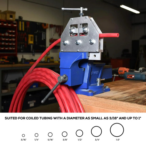 Tubing Straightener For 3/16 To 1 Inch Coiled Brake And Fuel Line Tubing with bench clamp mount in workshop setting
