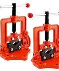 Workhorse Heavy Duty Pipe Vise For 0.4 To 2.4 Inch Tubing, two red cast iron vises with hardened steel jaws for plumbing work.