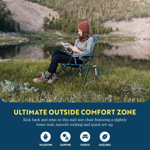 Woman sitting in Kickback Rocker Outdoor Low Profile Rocking Chair With Cup Holder And Portable Carry Strap by a lake