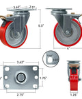 Ultra Heavy Duty 4 Inch Caster Wheels Set Of 4 Tough As Nails Polyurethane On Cast Iron With Measurements and Brake.