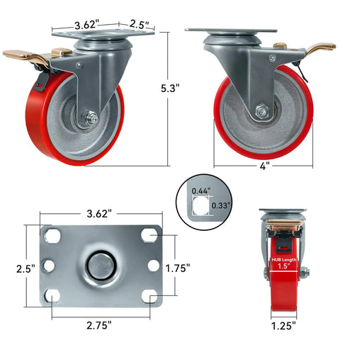 Ultra Heavy Duty 4 Inch Caster Wheels Set Of 4 Tough As Nails Polyurethane On Cast Iron With Measurements and Brake.
