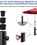 Heavy Duty Universal Umbrella Stand Replacement Tube For Outdoor Use Stainless Steel Base Bracket Fits Most Umbrella Poles And Granite Stands Built To Last DIY Attachment To Concrete, Metal, Wooden Surfaces Black with adjustable inserts and knobs for stability.