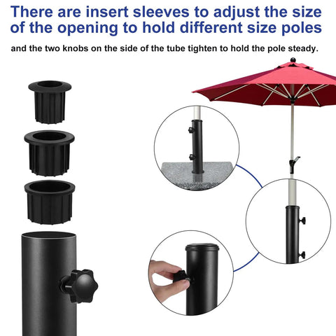 Heavy Duty Universal Umbrella Stand Replacement Tube For Outdoor Use Stainless Steel Base Bracket Fits Most Umbrella Poles And Granite Stands Built To Last DIY Attachment To Concrete, Metal, Wooden Surfaces Black with adjustable inserts and knobs for stability.