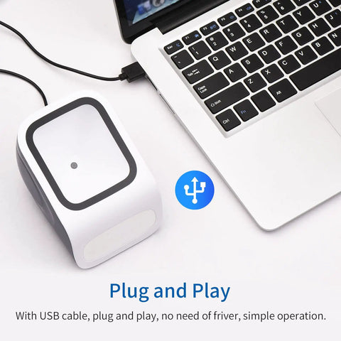 Fast 1D And 2D Barcode Scanner For Quick Mobile Payments And Desktop Use shown connected to laptop via USB