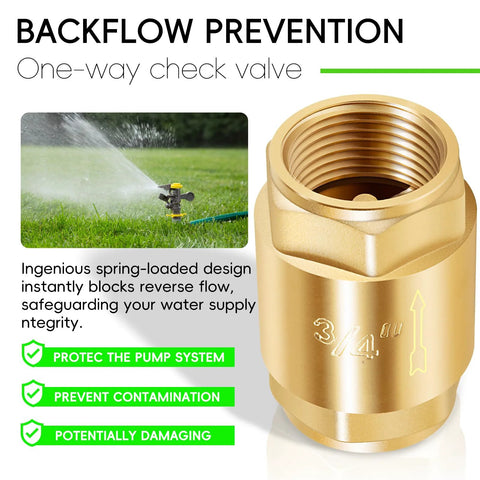 Two brass inline check valves, 3/4-inch IPS, for backflow prevention in water hose systems