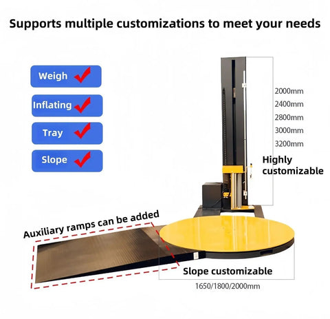 Heavy Duty Automatic Pallet Wrapping Machine With Wide Stretch Film Roll Wrapper showing customizable height and slope options.