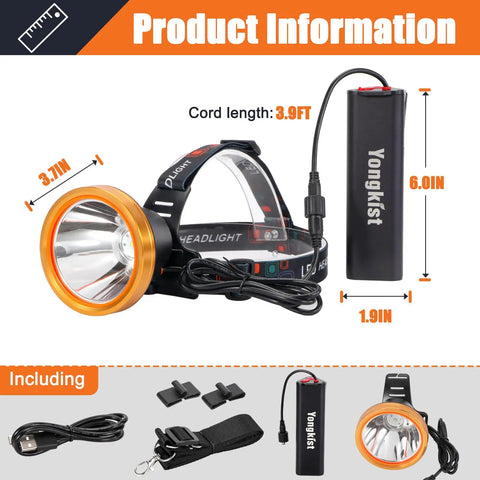 Ultra Bright Rechargeable Headlamp With Long Range LED Spotlight, Rugged Waterproof Head Torch with accessories shown