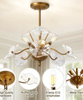 Modern Gold Chandelier Vintage Brass Flower Glass Pendant Light Mid Century Ceiling Lamp with delicate glass shades.