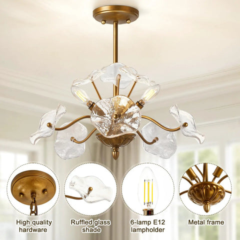 Modern Gold Chandelier Vintage Brass Flower Glass Pendant Light Mid Century Ceiling Lamp with delicate glass shades.