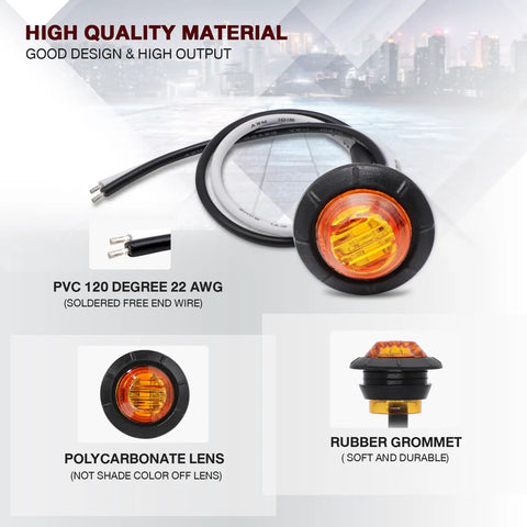 Pack Of 20 Three Quarters Inch Amber LED Clearance Bullet Marker Lights showing PVC wire, polycarbonate lens, rubber grommet