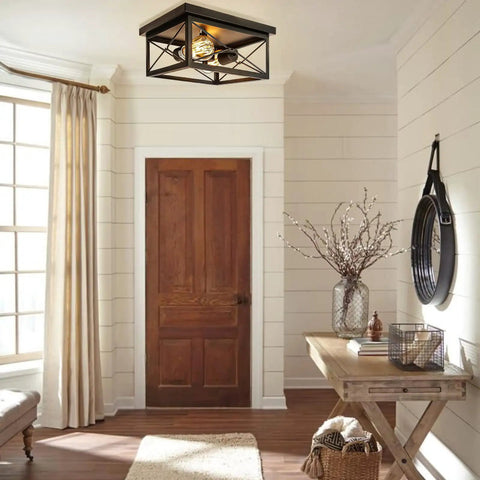 Industrial Two Light Retro Flush Mount Ceiling Light Fixture For Entryway Hallway Foyer And Cozy Living Spaces Square Rustic