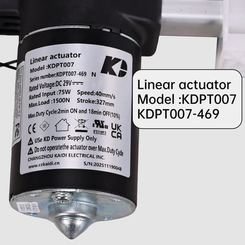 Close-up of Power Recliner Linear Actuator KDPT007-469, power label details, for adjustable bed frames and recliner chairs.