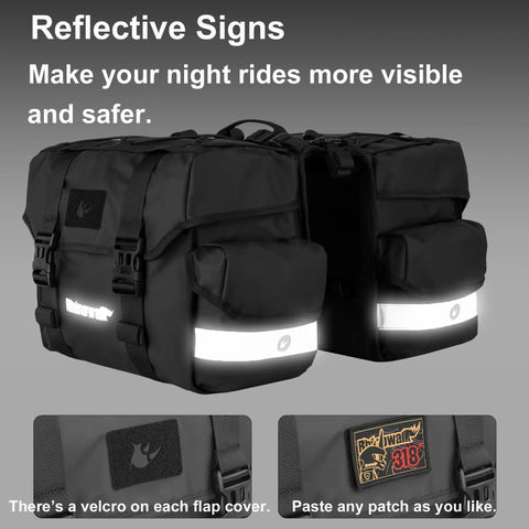 Reflective Waterproof Bike Pannier Bag 40L Large Capacity Dual Sided Rear Rack Saddle Bags with velcro patches for safety.