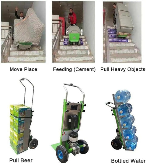 Heavy Duty Electric Sack Truck Stair Climber With 400kg Load Capacity, Folding Hand Trolley For Tight Spaces, Brushless Motor, And Long Lasting 48V Battery To Make Moving Bigger Stuff A Total Breeze used for transporting heavy boxes and water bottles.