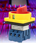 Industrial Up To 32A Rotary Switch With 3 Pole 2 Position Disconnect Rotary Cam Selector, heavy-duty, shown against control panel background.