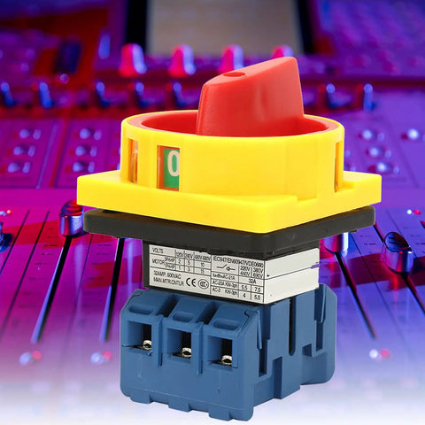 Industrial Up To 32A Rotary Switch With 3 Pole 2 Position Disconnect Rotary Cam Selector, heavy-duty, shown against control panel background.
