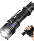 Beast Bright 2000 Lumen Tactical Flashlight With Rechargeable Power lit up, showing grip size and tactical tail button