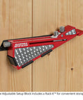 Knockout Adjustable Setup Block For The Weekend Warrior Dial In Router Bits And Saw Blades With Dead On Accuracy And Quick Grip Ergonomic Handles mounted on wall.
