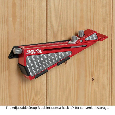 Knockout Adjustable Setup Block For The Weekend Warrior Dial In Router Bits And Saw Blades With Dead On Accuracy And Quick Grip Ergonomic Handles mounted on wall.