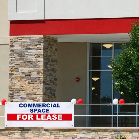 Prime Space For Lease Vinyl Banner Sign 18x48 Inch Heavy Duty Outdoor Advertising Weatherproof Sign With Metal Grommets For Shops Offices And Warehouses displayed on storefront railing