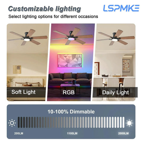 Cool Remote Ceiling Fan With Light 52 Inch shown with soft, RGB, and daily light options in bedroom and living room settings.