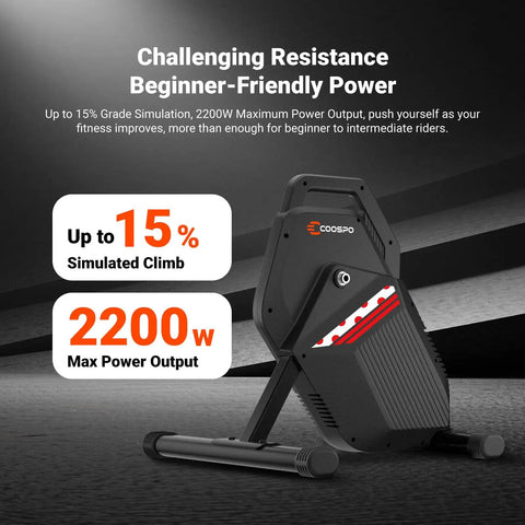 Direct Drive Indoor Bike Trainer With Bluetooth And ANT Plus Smart Resistance Control in a side view with power output display