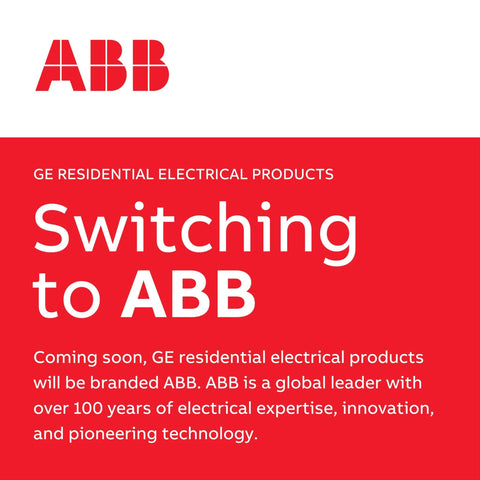 Announcement of GE residential electrical products rebranding to ABB with text about expertise and innovation on a red background.