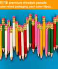 Premium 25-Pack Hexagonal Wooden Golf Pencils with Built-In Erasers and Graphite 2B Lead in assorted colors against blue.